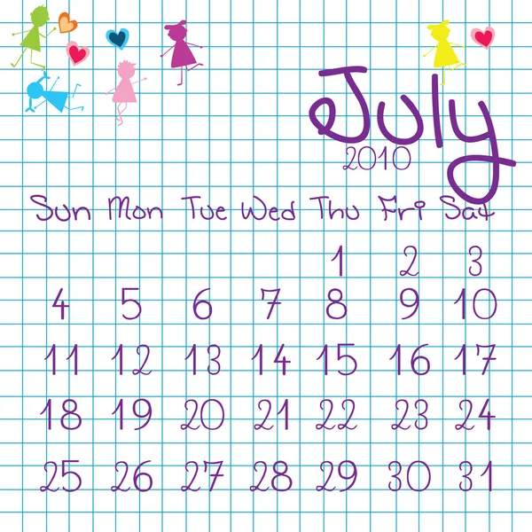 Kalender för juli 2010 — Stockfoto