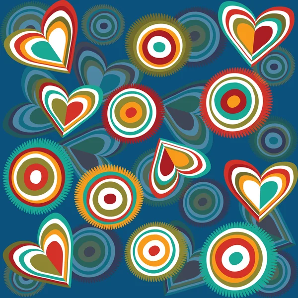 Patrón azul retro con corazones y círculos abstractos —  Fotos de Stock