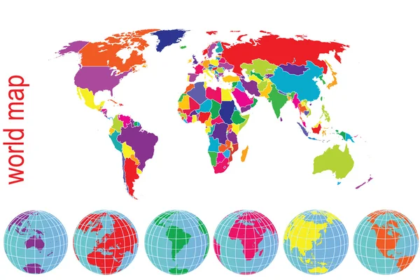 Mapa świata w jasnych kolorach z ziemi globusy — Zdjęcie stockowe