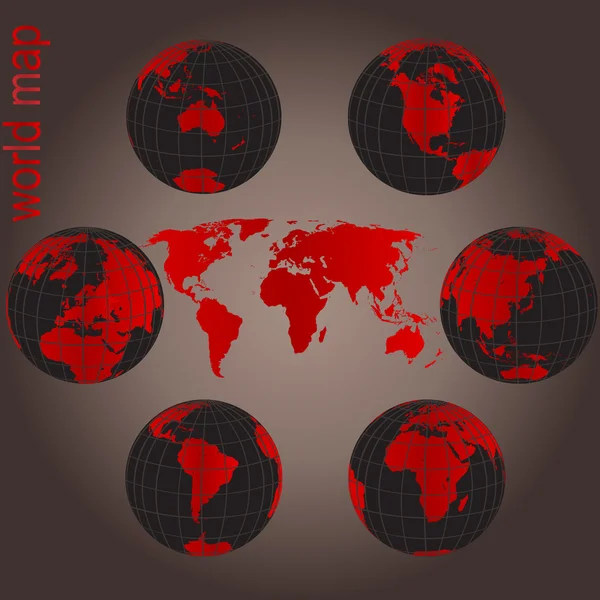 Set di globi terrestri e mappa del mondo con rosso e nero — Foto Stock