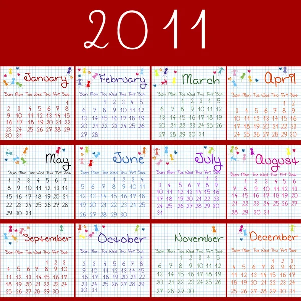 Calendario 2011 su pagine di matematica e sfondo rosso — Foto Stock