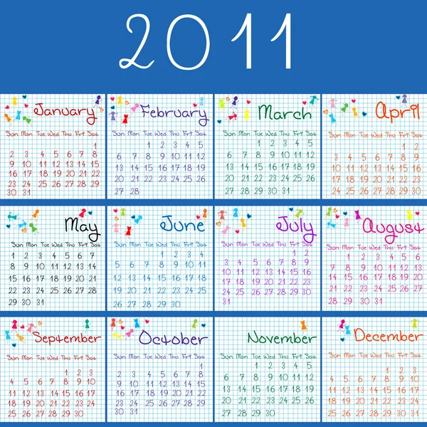 Calendario 2011 su pagine di matematica e bcakground blu — Foto Stock