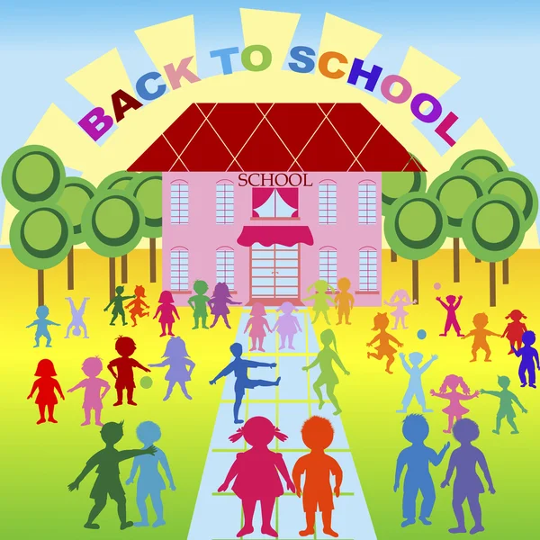 Zurück zur Schule, Hintergrund mit Kindern und Schule — Stockfoto