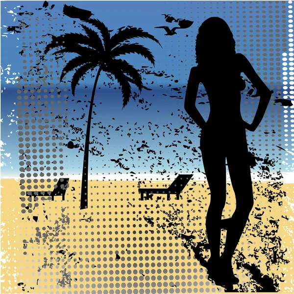 Пляжний пейзаж, гранжевий фон з сексуальною жінкою — стокове фото