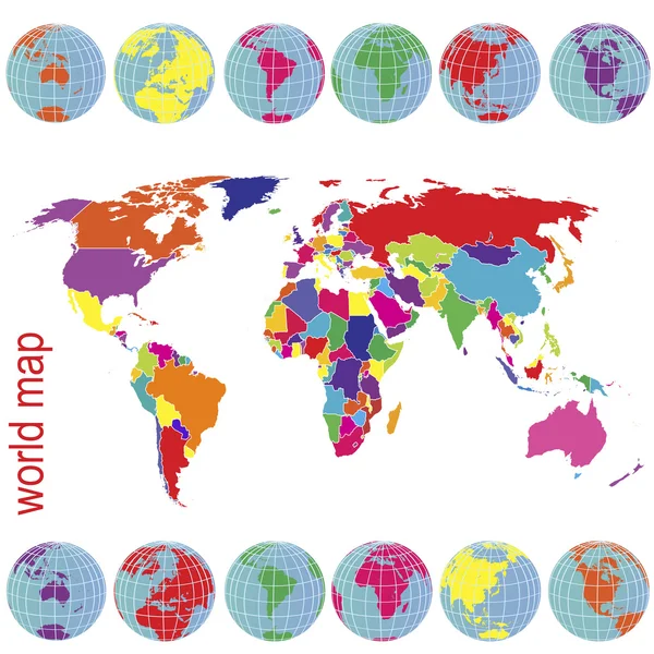 Mappa del mondo colorata e globi terrestri — Foto Stock