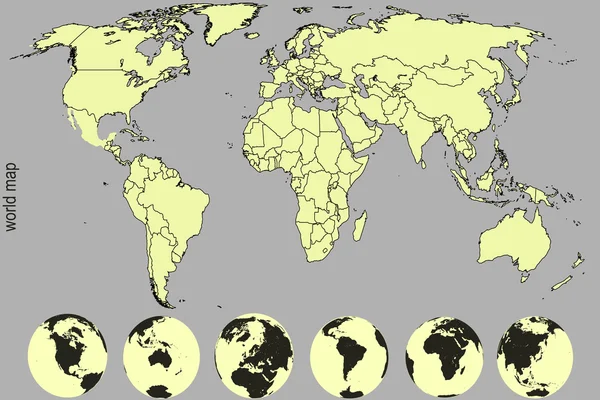 Gedetailleerde wereldkaart met aarde globes in gele tinten — Stockfoto