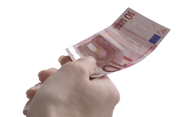 Närbild av 10-eurosedeln i hand — Stockfoto