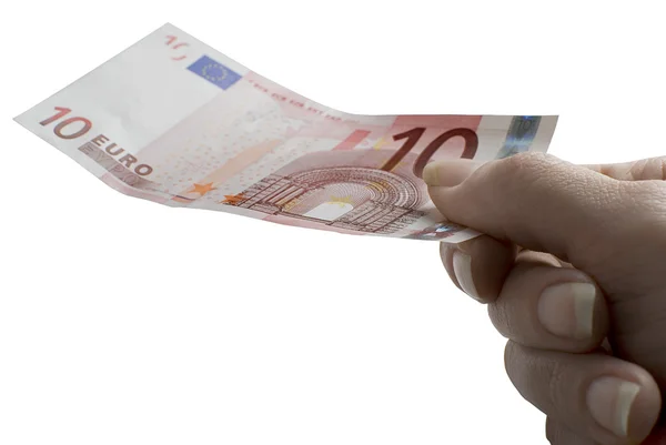 Közelkép a kezében 10 euro-bankjegy — Stock Fotó