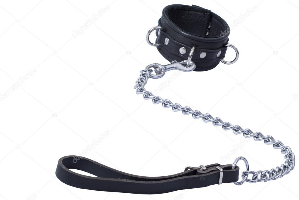 Black leather collar with the leash on w