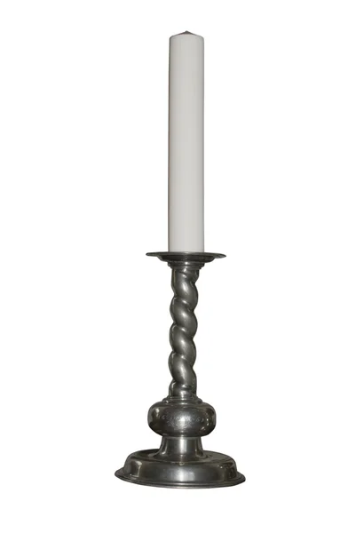 Antique Medieval Silver Candlestick with a big white candle. — Stock Photo, Image