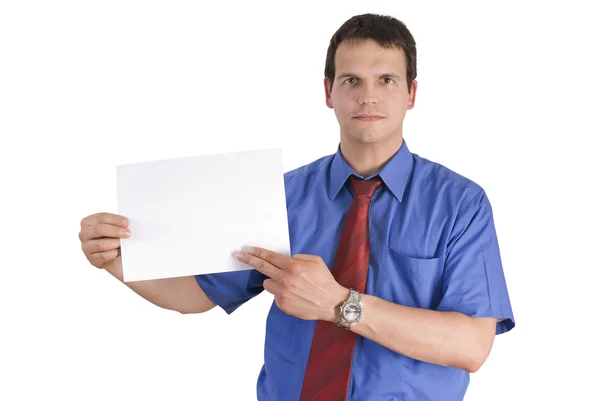 Бизнесмен держит или показывает чистую бумагу . — стоковое фото