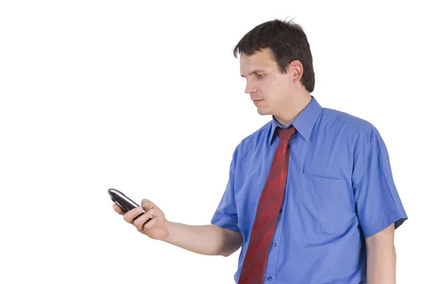 Retrato de um empresário discando um número de telefone — Fotografia de Stock