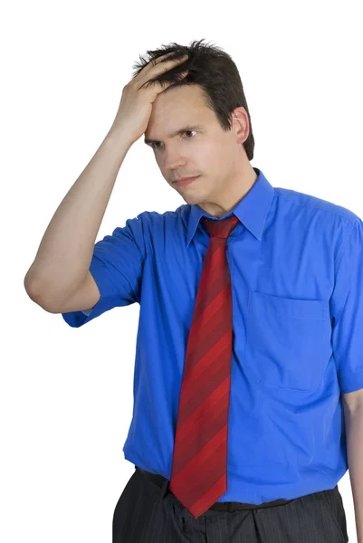 stock image Portrait of stressed businessman touching his head and thinking