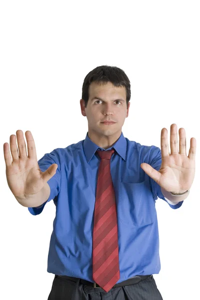 Zakenman gebaren stop met palm van zijn handen. — Stockfoto