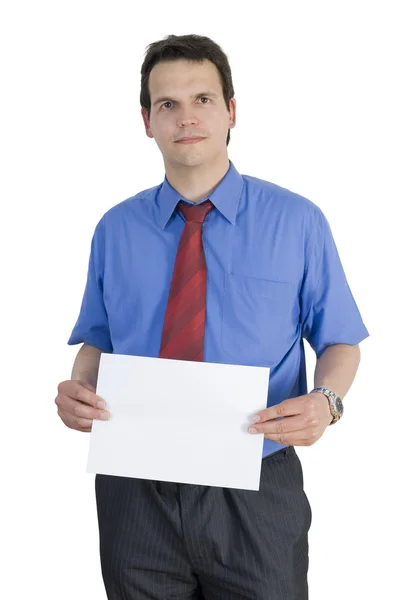 Businessman holding or showing a blank paper. — Stock Photo, Image
