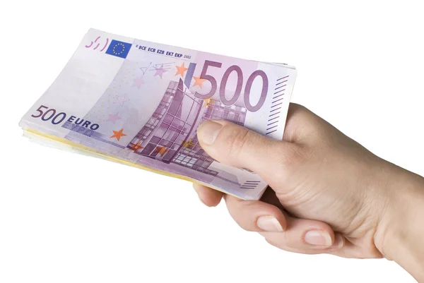 Primeros planos de billetes de 100, 200 y 500 euros en mano de mujer . — Foto de Stock