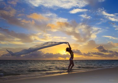 Woman in a bikini walking on the beach clipart