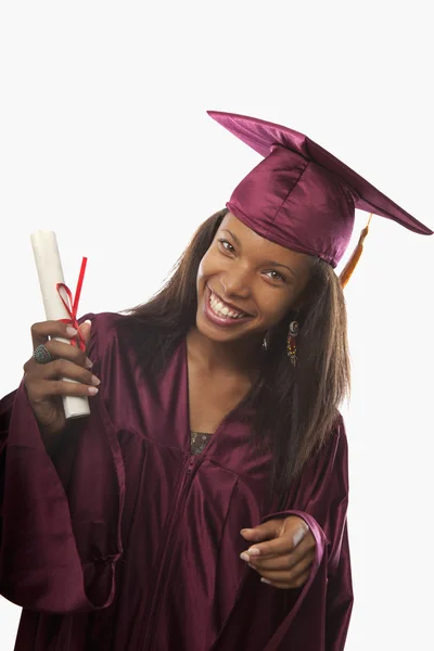Kobieta absolwent w kapelusza i suknia — Zdjęcie stockowe