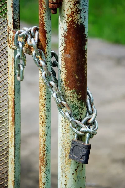Puertas de hierro viejo cerrado wiyh cadena y candado —  Fotos de Stock