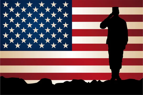 Солдат перед американским флагом — стоковый вектор
