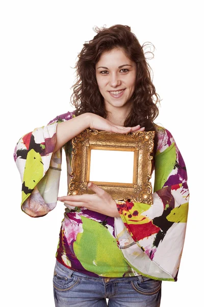 Жінка тримає рамку для картинки — стокове фото