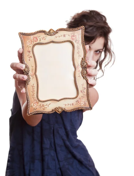 Žena držící rámeček obrázku — Stock fotografie