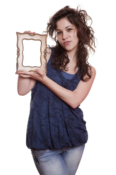 Женщина держит рамку — стоковое фото