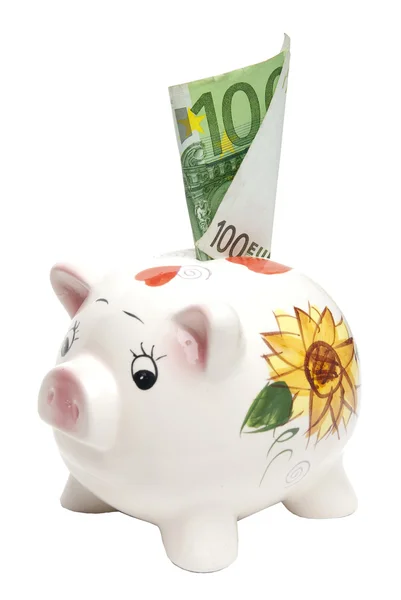 Piggy Bank med euro bill stikker ud - Stock-foto