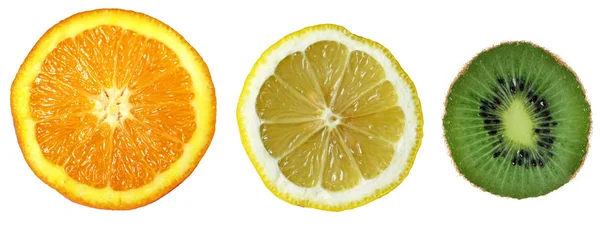 Drie vruchten: sinaasappel, citroen, kiwi — Stockfoto
