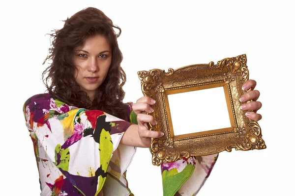 Woman holding an picture frame — Stock Photo, Image