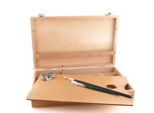 Wooden painter case with brushes — Stock Photo, Image