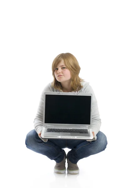The young happy girl with a laptop — Stock Photo, Image
