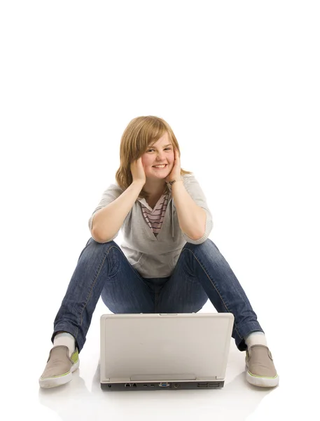 The young happy girl with a laptop — Stock Photo, Image