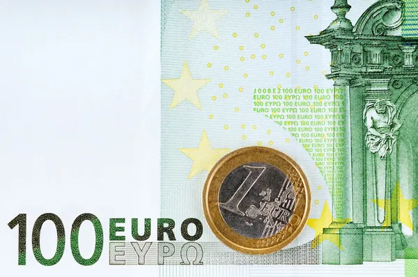 100 euros e 1 euro — Fotografia de Stock
