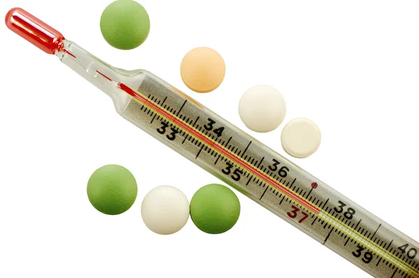 Hőmérő és tabletták — Stock Fotó