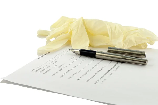 Glove, ink pen and form of recipe — Stock Photo, Image