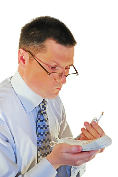 Muž v brýlích s telefonem — Stock fotografie