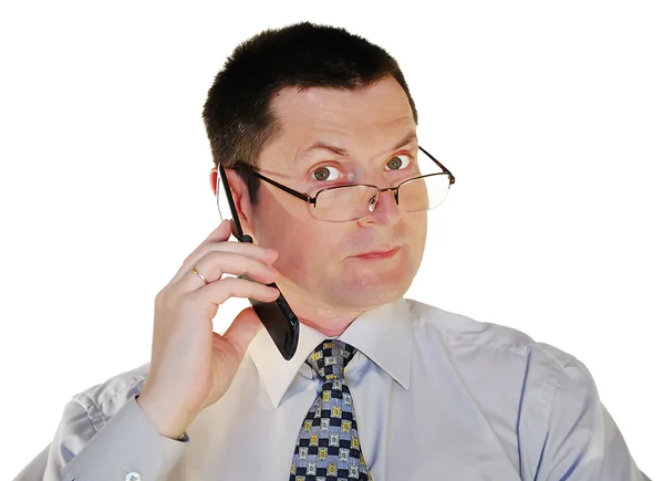 Homem de óculos com telemóvel — Fotografia de Stock