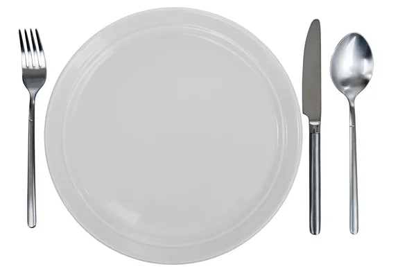 Порожня тарілка, виделка, ложка і столова нока — стокове фото