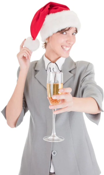 Flicka i santa hatt och med champagne — Stockfoto