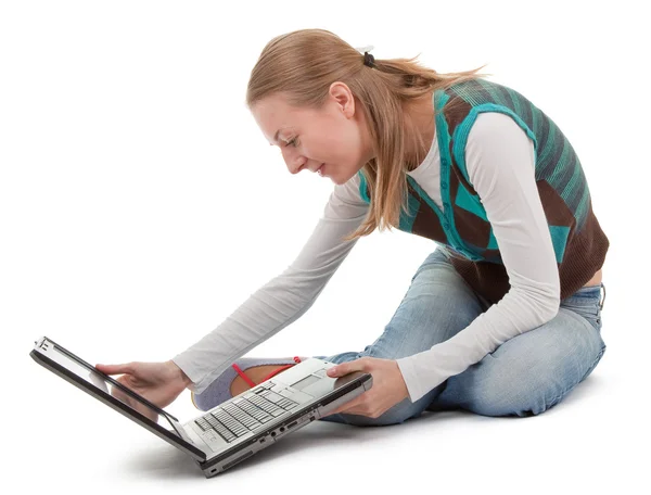 Student tjej och laptop — Stockfoto
