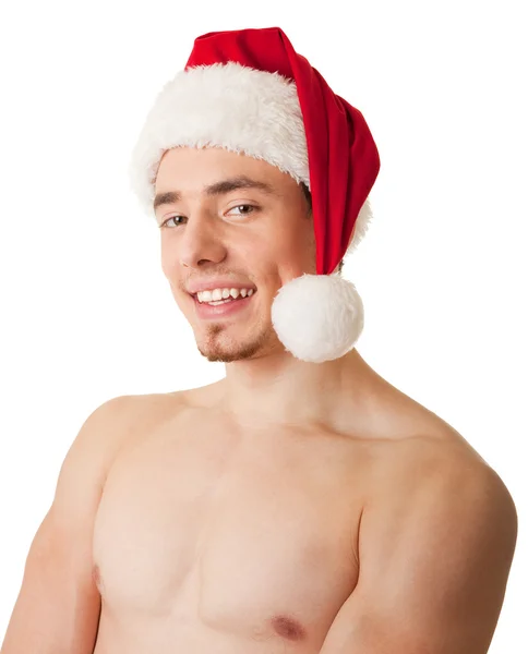 Man med en nakna överkropp och santa hatt — Stockfoto