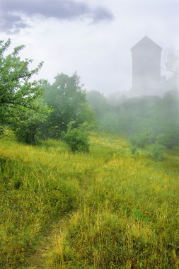 Fantasy tower in fog clipart