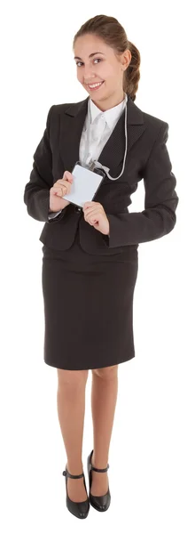 Mulher de negócios com crachá em branco — Fotografia de Stock