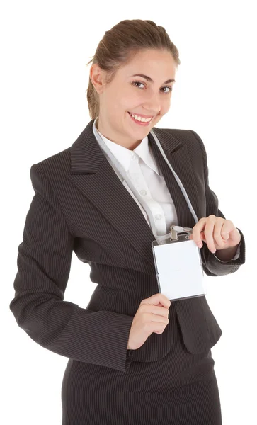 Mulher de negócios com crachá em branco — Fotografia de Stock