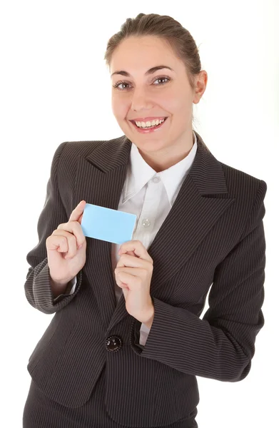 Business woman with blank badge — Stock Photo, Image