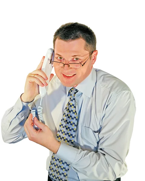 Homem de óculos com telefone — Fotografia de Stock