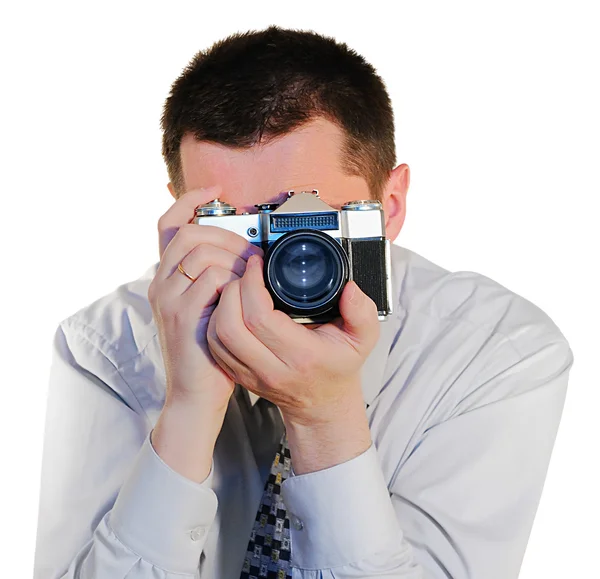 오래 된 사진 카메라를 가진 남자 — 스톡 사진