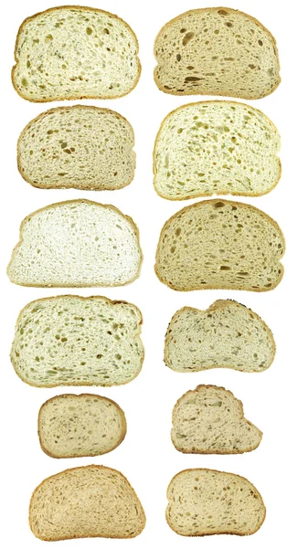 Beyaz üzerine izole edilmiş düzinelerce ekmek dilimleri — Stok fotoğraf