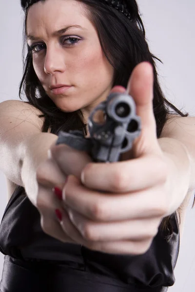 Gun At Womans Head — Stock Photo, Image